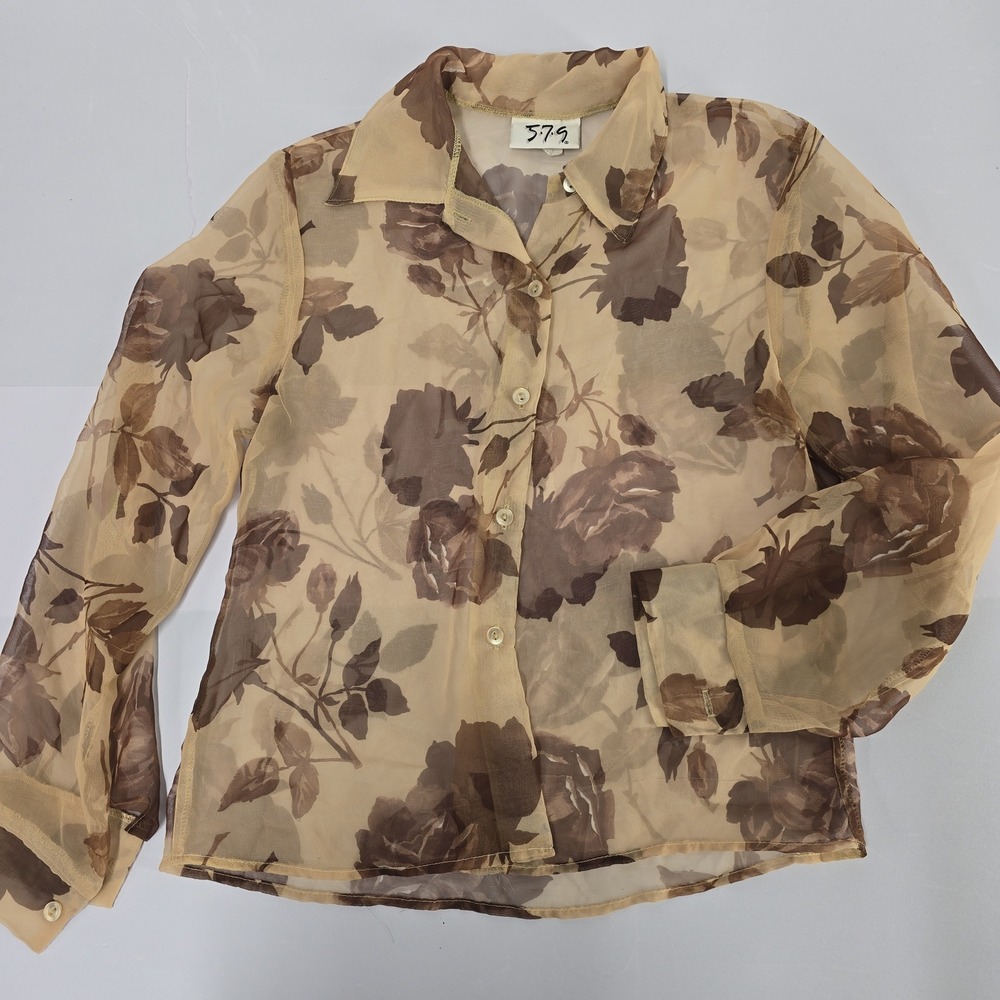 Vintage 579 Sheer Floral Print Button Up Long Sleeve Blouse‎ Women's Top